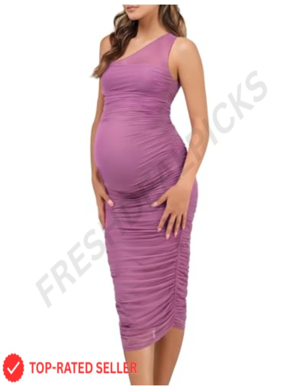 One Shoulder Maternity Dress Bodycon Mesh Ruched Midi Formal Baby Shower